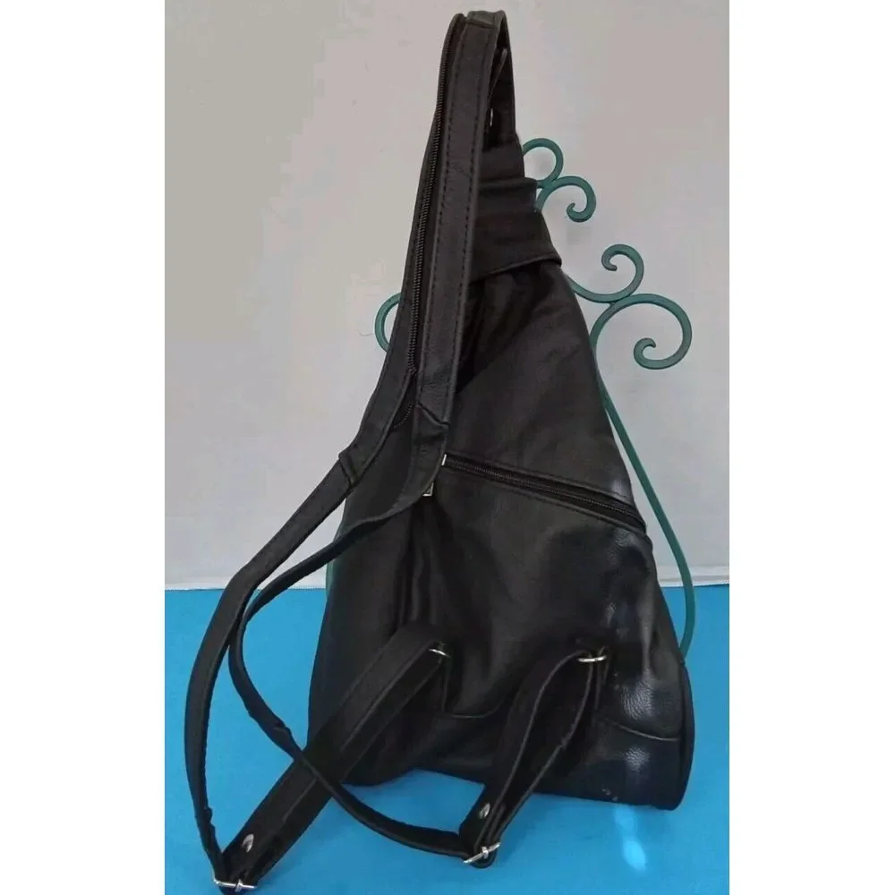 Sleek Black Leather Sling Backpack Convertible‎ Crossbody Multiple Compartments